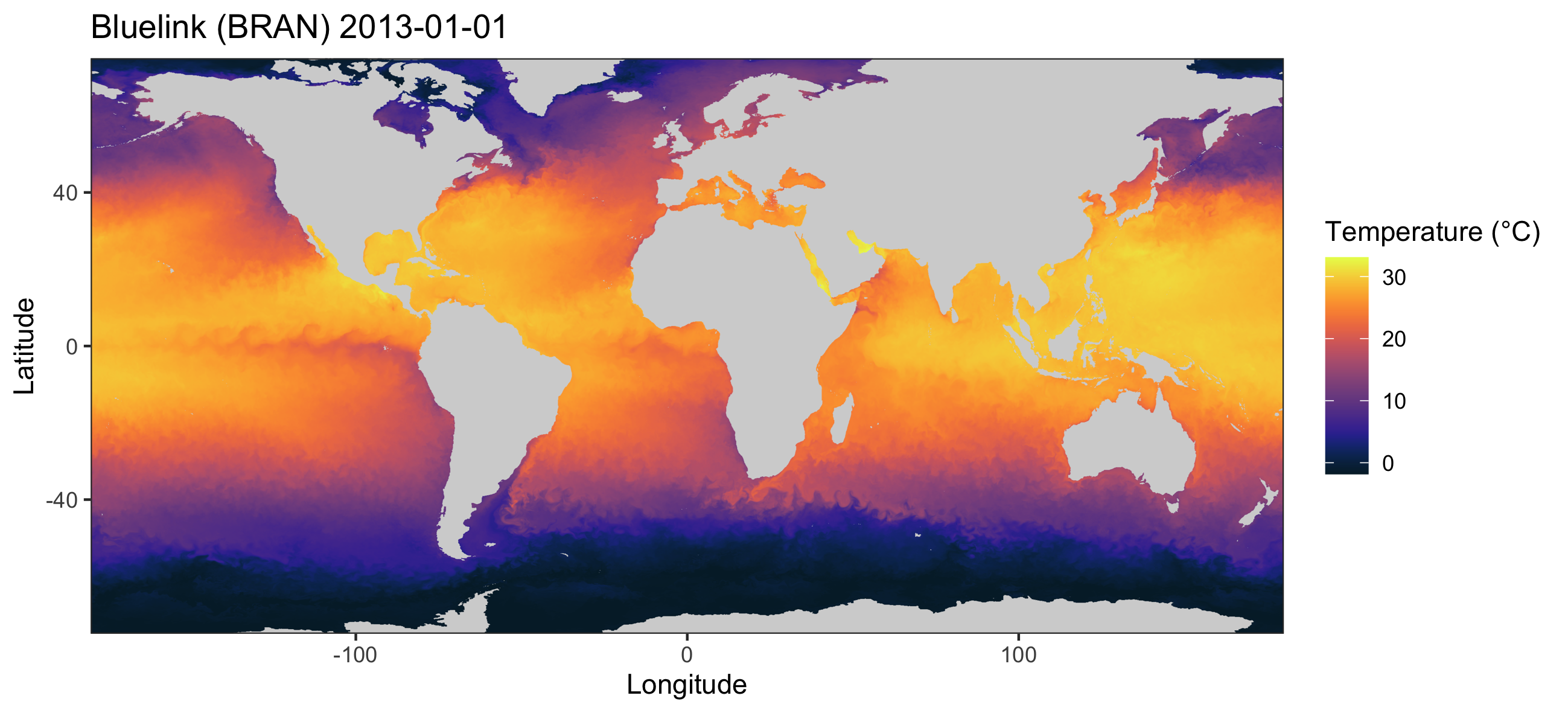 Example of Bluelink (BRAN) water temperature data at the surface on 1 January 2013 showing its global coverage